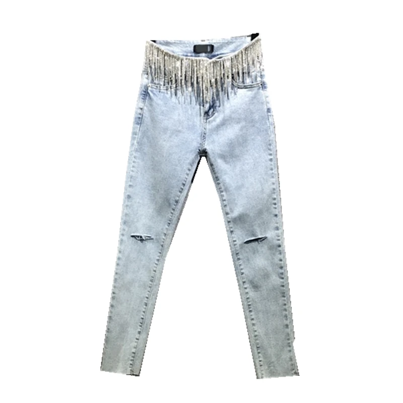 

Shiny Tassels Diamond Jeans Women's 2020 Spring New High Waist Stretch Holes Pencil Pants Skinny Jeans Trousers Ladies Pants