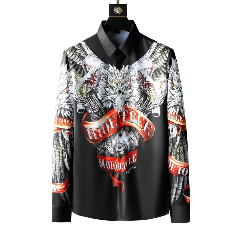 

2021 Fashion Printed Breathable Men Shirt Long Sleeve Brand Designer Top Quality Rhinestones Shirts Casual Clothes Chemise Homme