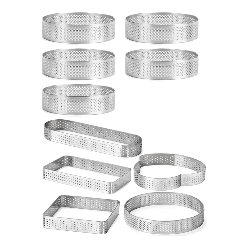 

10 Pack Stainless Steel Tart Ring,Heat-Resistant Perforated Cake Ring,Tower Pie Cake Baking Mould Mousse Rings(5 Shapes)