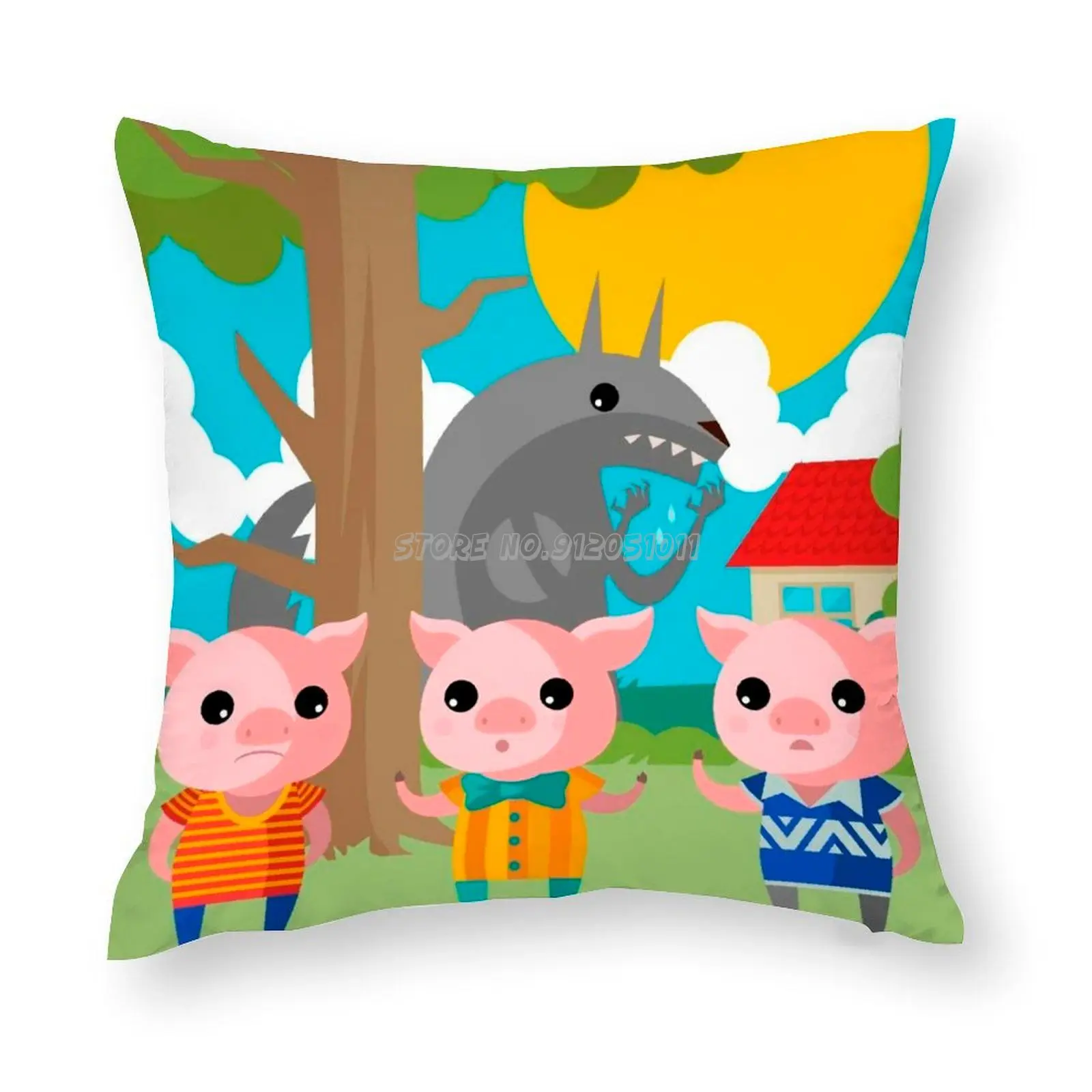 Three Little Pigs Tale Pillow Case Home Decorative Square Printing Cover Throw Sofa Cushion Grass Tree Sun House Forest V | Дом и сад