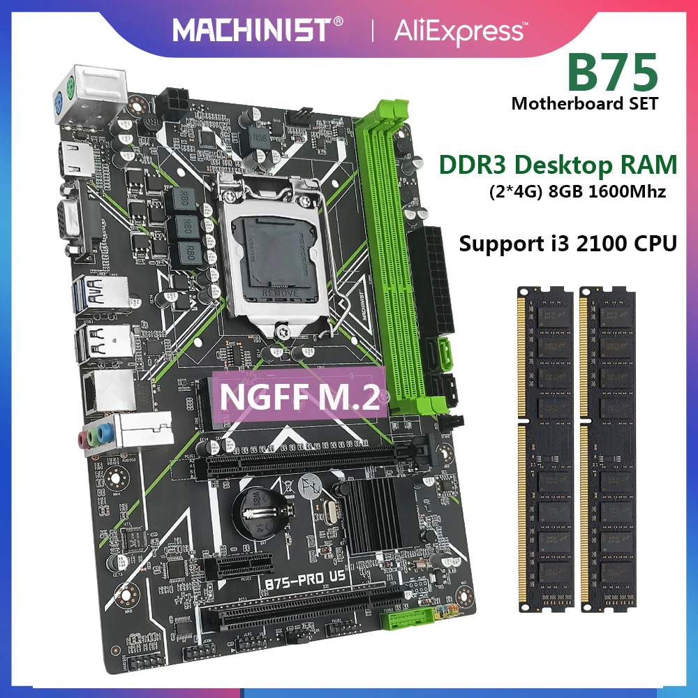 

MACHINIST B75 Motherboard LGA 1155 Set Kit with 8G(2*4) DDR3 Desktop Memory 1600Mhz NGFF M.2 SATA3 USB3.0 Micro-ATX B75-PRO US