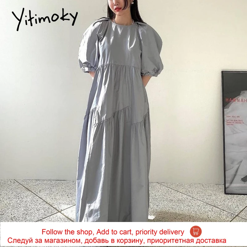 

Yitimoky Vintage Woman Dress O-Neck Ruched Irregularity 2021 Summer Fashion Korean New Elegant Puff Sleeve Loose Waist Dresses