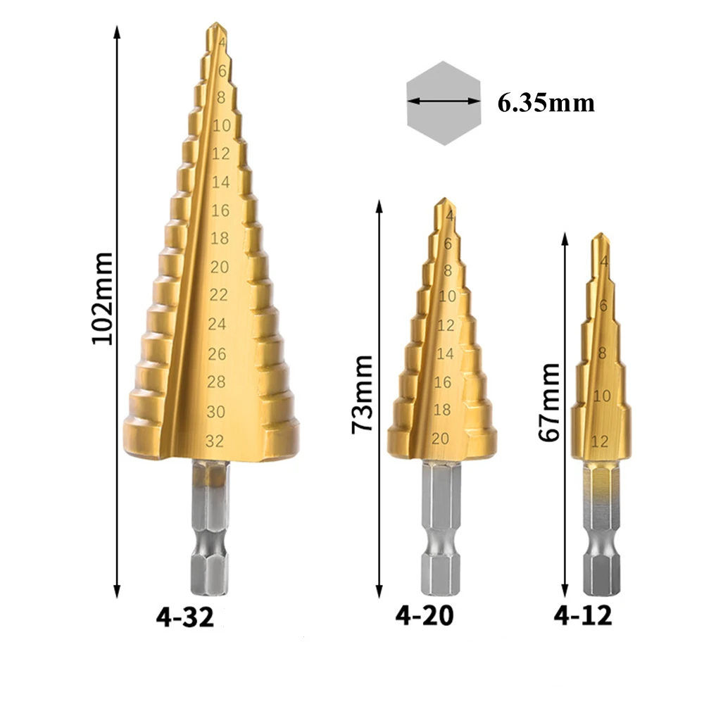 Набор ступенчатых Сверл из быстрорежущей стали комплект 3 насадок с шестигранным