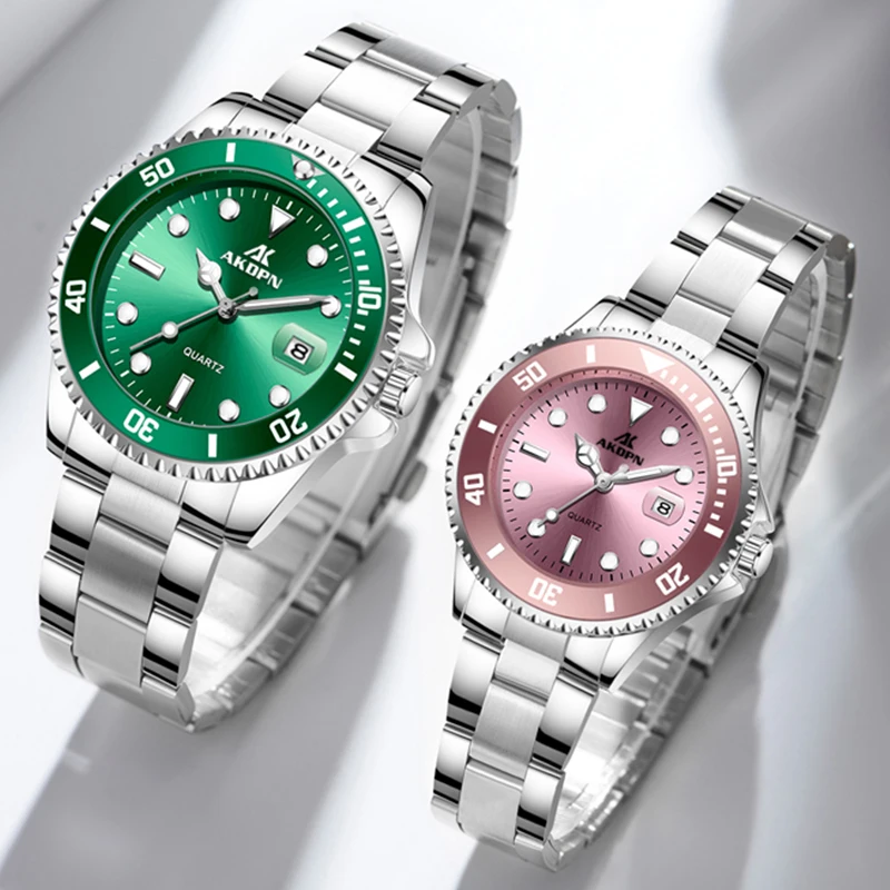 

Часы наручные кварцевые, модные водонепроницаемые с браслетом из нержавеющей стали, с зеленым и розовым циферблатом, с датой, подарок для вл...