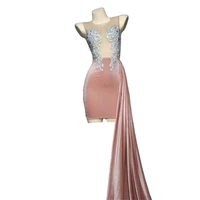 pink swan velvet dress rhinestone sheath dress women party wedding engagement formal dress nightclub stage catwalk show outfit