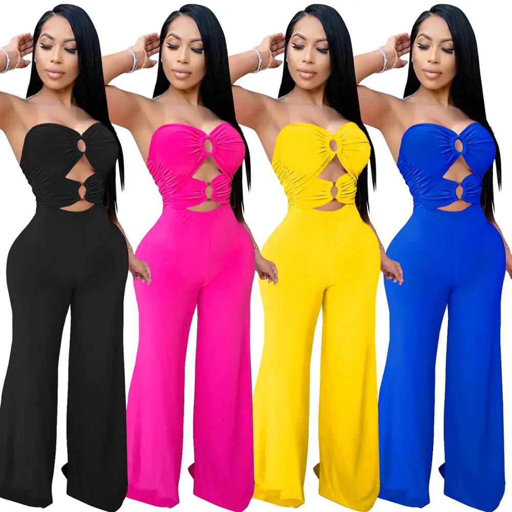 

Новая коллекция сексуальных клубвечерние бинезонов однотонных для женщин с запахом на груди, без рукавов, комбинезоны с широкими штанинами