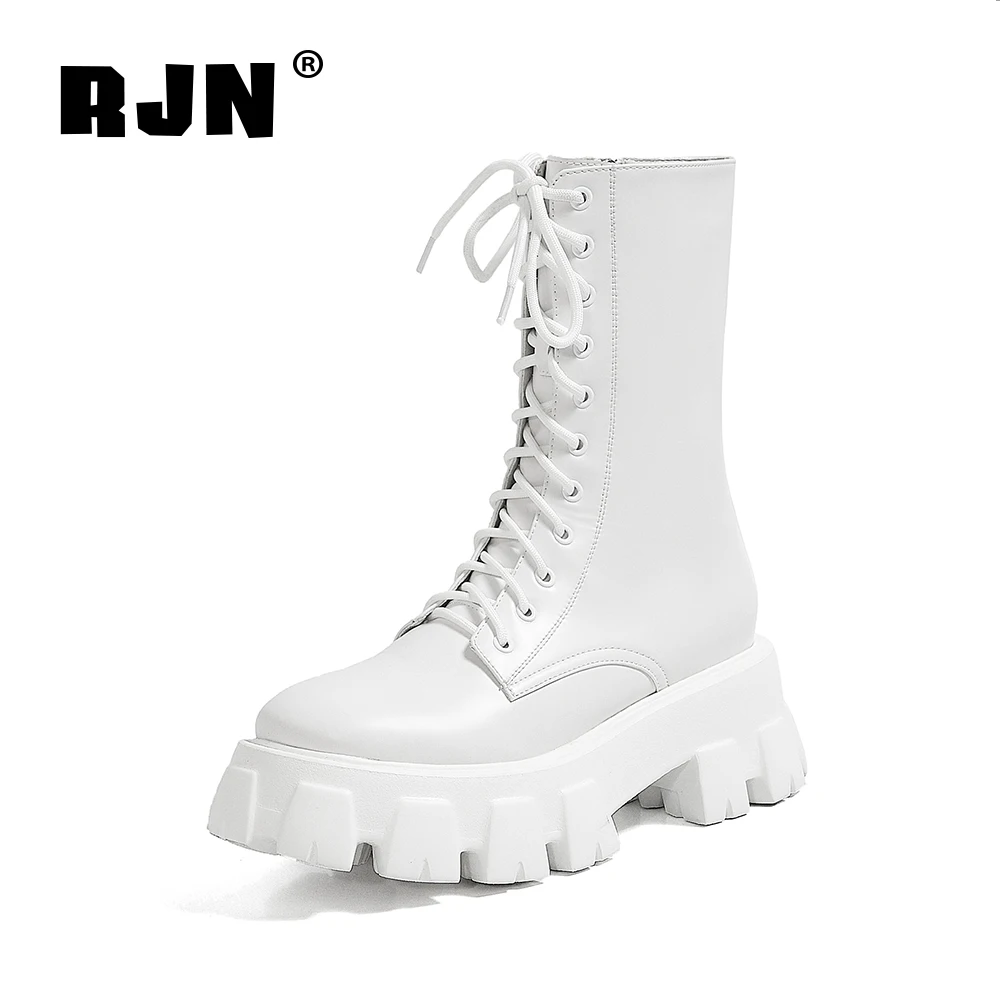 

RJN Genuine Leather Platform Martin Boots Stylish And Handsome Round Head Lace-up Motorcycle boots Autumn Women's Boots RO148