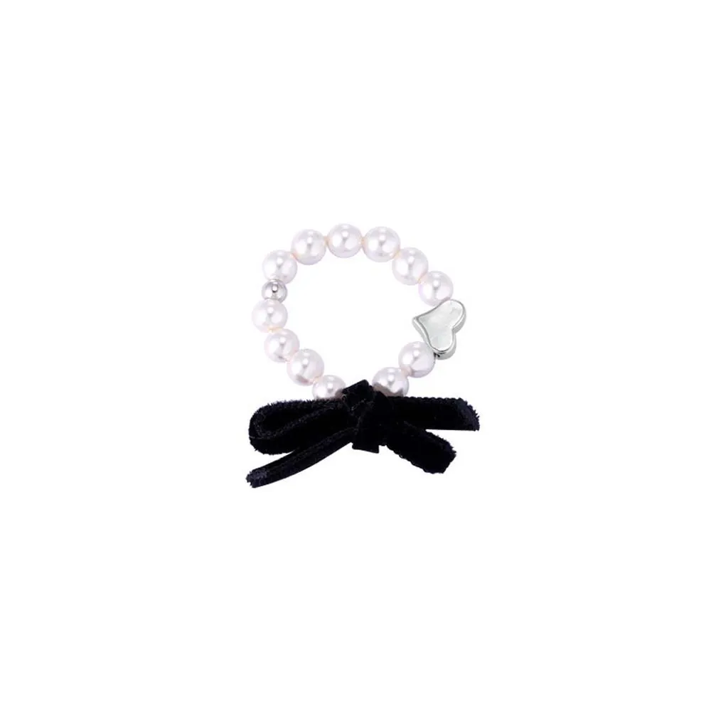 

Korean Wine Red Black Color Velvet Fake Pearl Bow Elastic Ring Elegant Vintage Heart Ring Jewelry Ring For Women