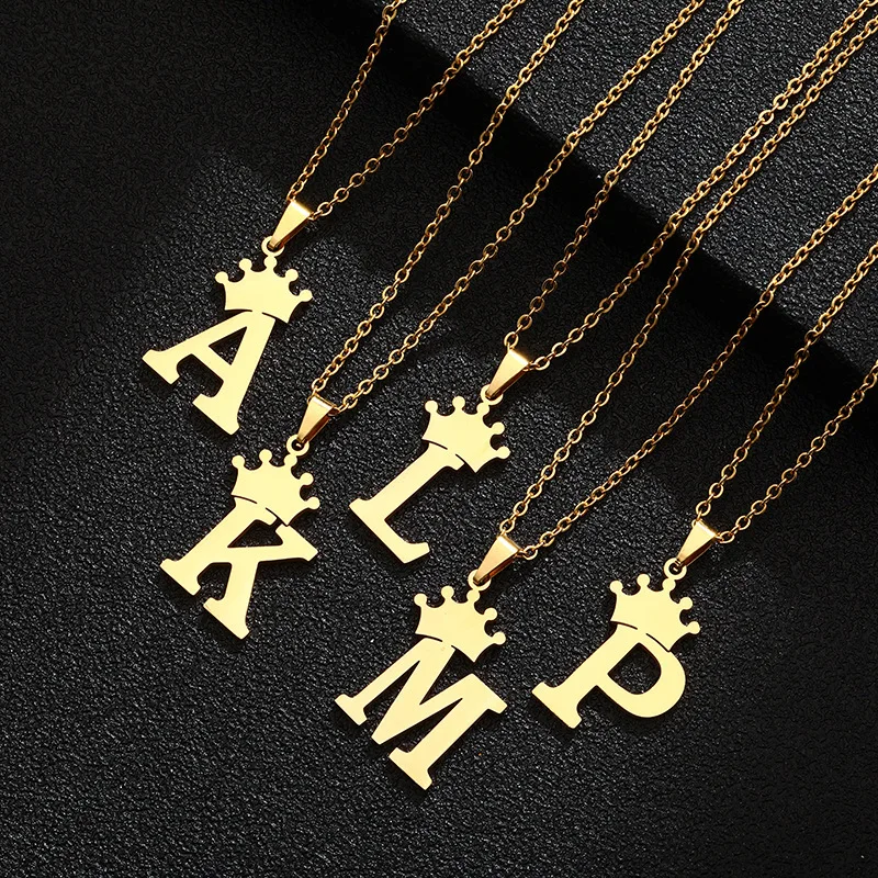 

Stainless Steel A-Z Crown Alphabet Pendant Chain Necklace Punk Hip-Hop Style Fashion Woman Initial Name Jewelry