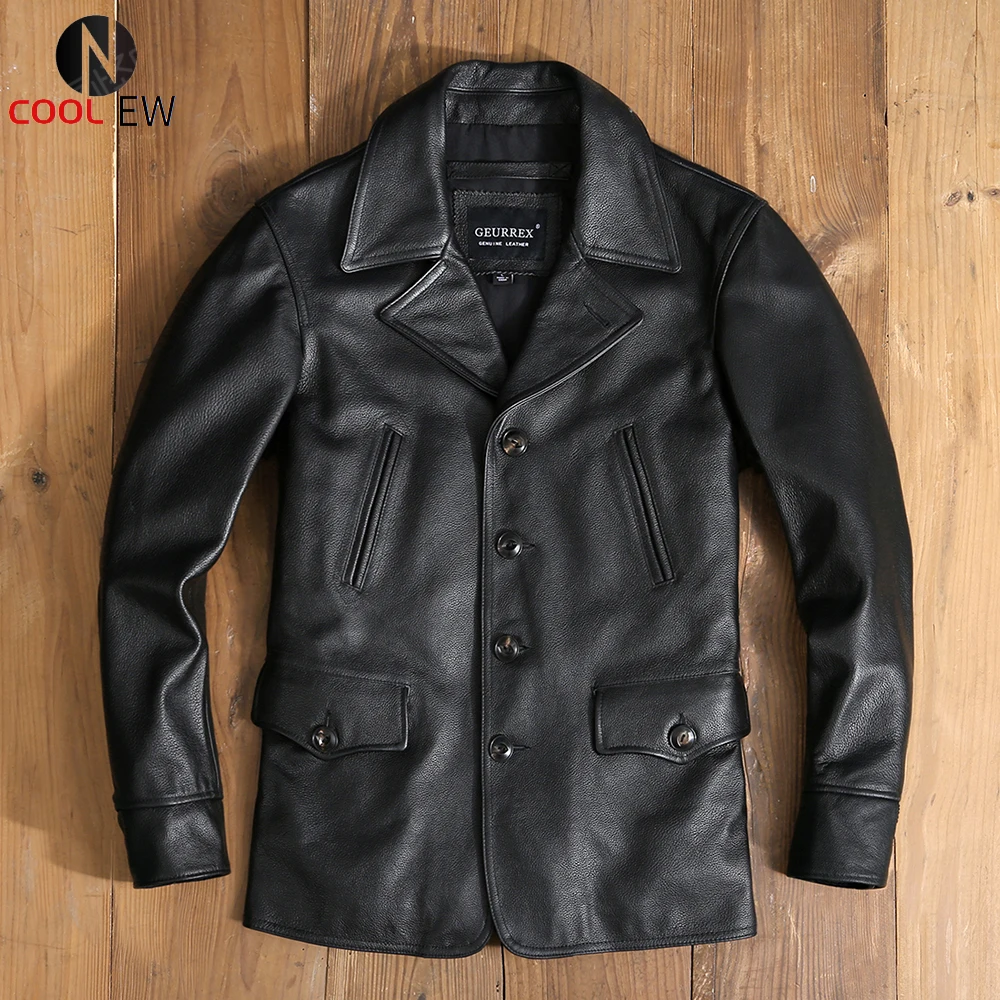 Free shipping.quality men genuine leather wind coat.wholesale black plus size cowhide jacket.classic casual winter cloth