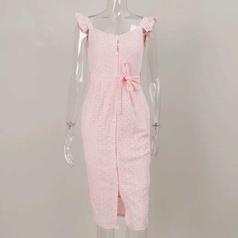 

Women White Dress Lace Up Sexy Midi Vestidos Ruffles Sleeveless Bodycon Female Dresses 2021 Buttons Belt Elegant Ladies Clothes