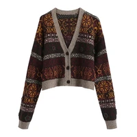 autumn and winter retro geometric ethnic style knitted cardigan loose v neck long sleeved coat brown cardigan fuzzy cardigan