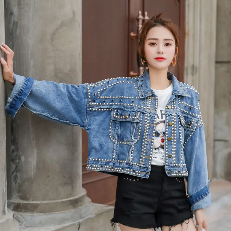 Женская джинсовая куртка в стиле Харадзюку короткая с заклепками и бусинами
