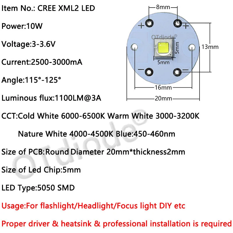 CREE XML2 XML T6 U2 LED Diode SMD5050 10W Round 20mm PCB for Flashlight Car light Headlight High Power Bulb bead DIY Parts