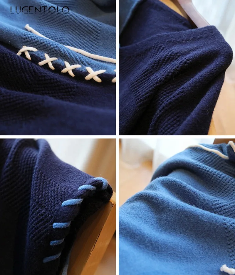 

Women Dress Knitted Contrast Stitching Fringed Spring Short V-neck Sleeves Loose Retro A-Line Casual Fashion Lugentolo