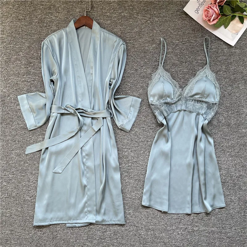 

Sexy Lace Trim Twinset Robe Set Women Satin 2PCS Bridal Wedding Sleepwear Casual Lady V-Neck Nigthgwear Loose Intimate Lingerie