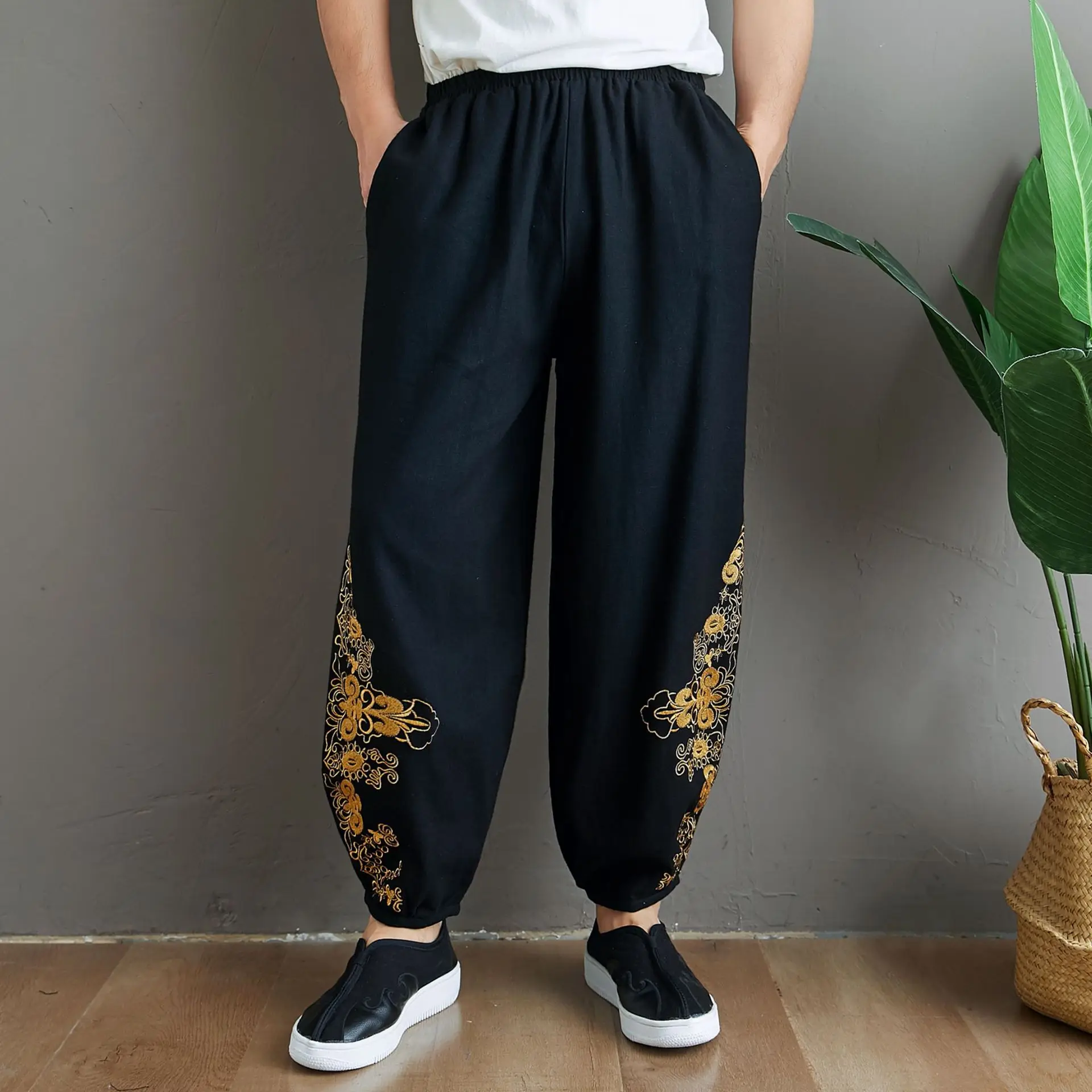 

Мужские брюки до щиколотки, из хлопка и льна, с вышивкой и эластичным поясом