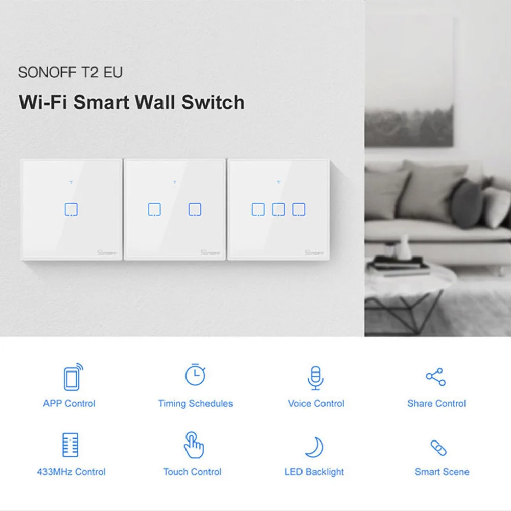 Интеллектуальный выключатель света SONOFF T2EU TX Smart Wi-Fi настенный сенсорный выключатель с границы умный дом 1/2/3 433 RF/Голосовое управление/приложение/сенсорный экран Cwhontrol работать с Alexa