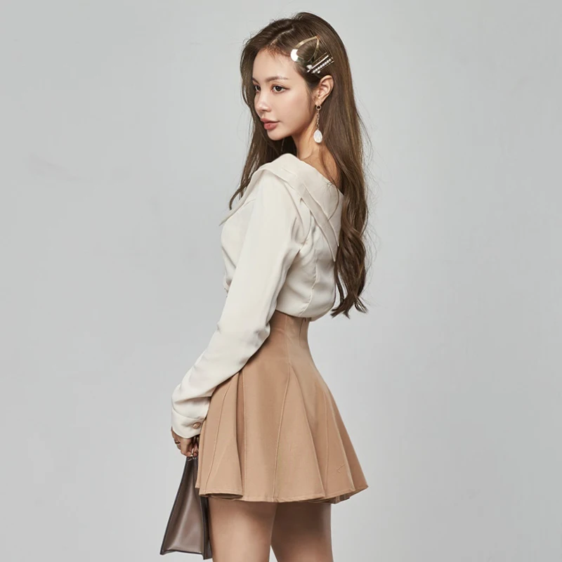 

Autumn Pleated Skirt Two Pieces Suit New Big Lapel Long Sleeve blouse Top + High waist skirt Elegant Women office OL work suit