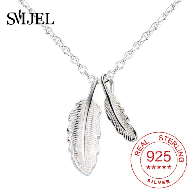 

100% 925 Sterling Silver Bohemian Vintage Feather Necklace Statement Silver Jewelry leaf Necklace for Women Collier femme