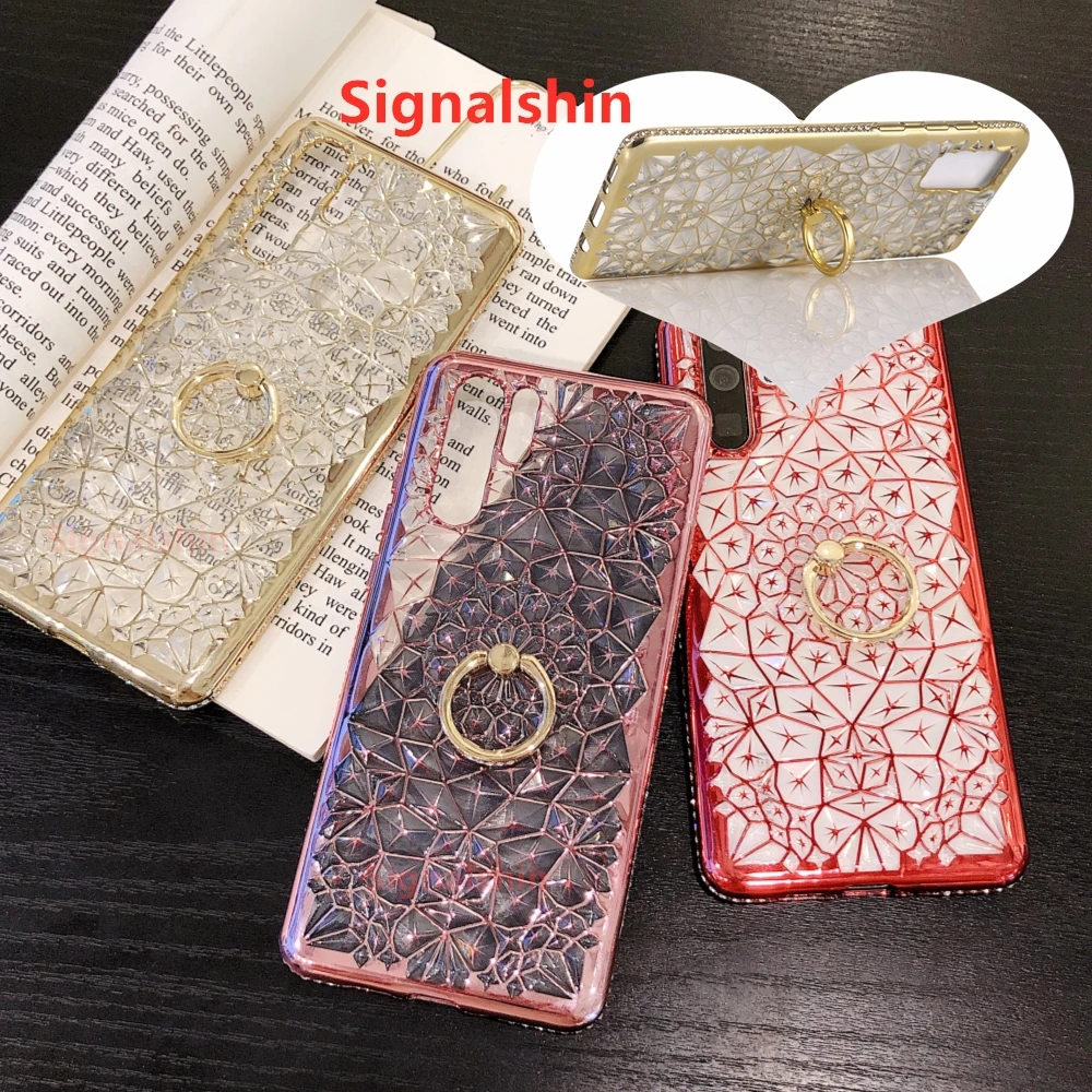 

Signalshin Luxury Carved With Ring Holder Phone Case For Huawei P40 mate30 P30 Pro Lite 8X Glitter Diamond Texture Plated Cover