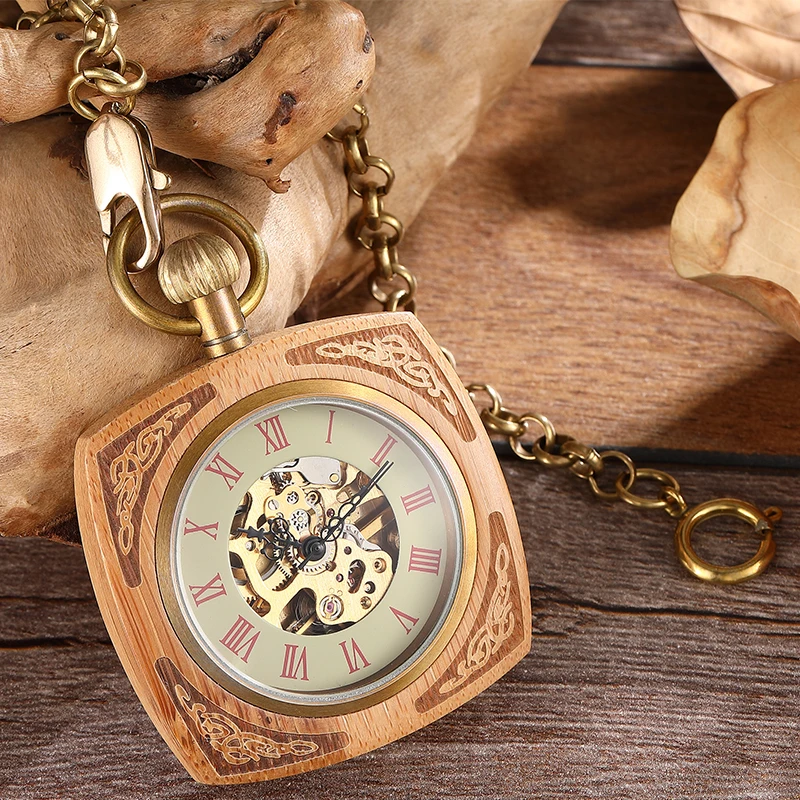Wooden Mechanical Pocket Watch for Men Antique Golden Square Case Gold Back Laser Engraved Fob Chain Clock Reloj Dropshipping