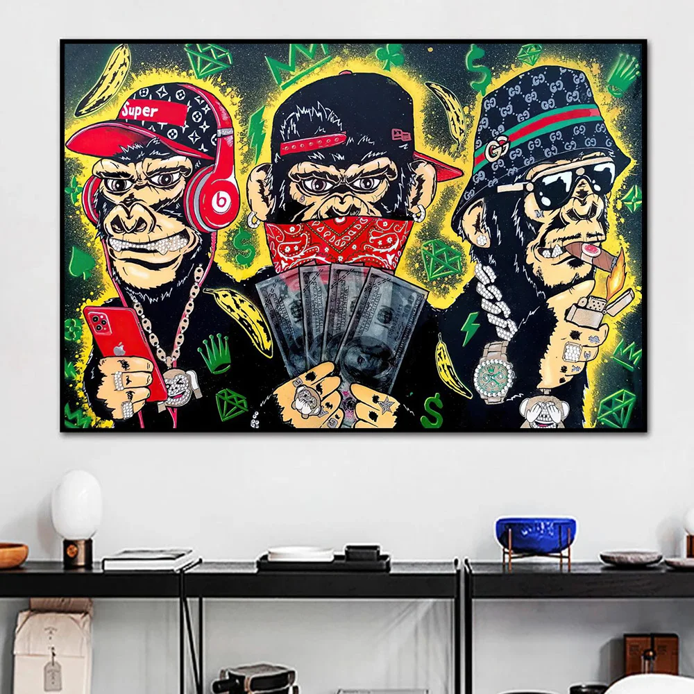 

Street Funny Gorilla Wearing Aheadset Mask Smoking Canvas Painting Animal Poster Print Colorful Wall Art Pictures for Room Decor