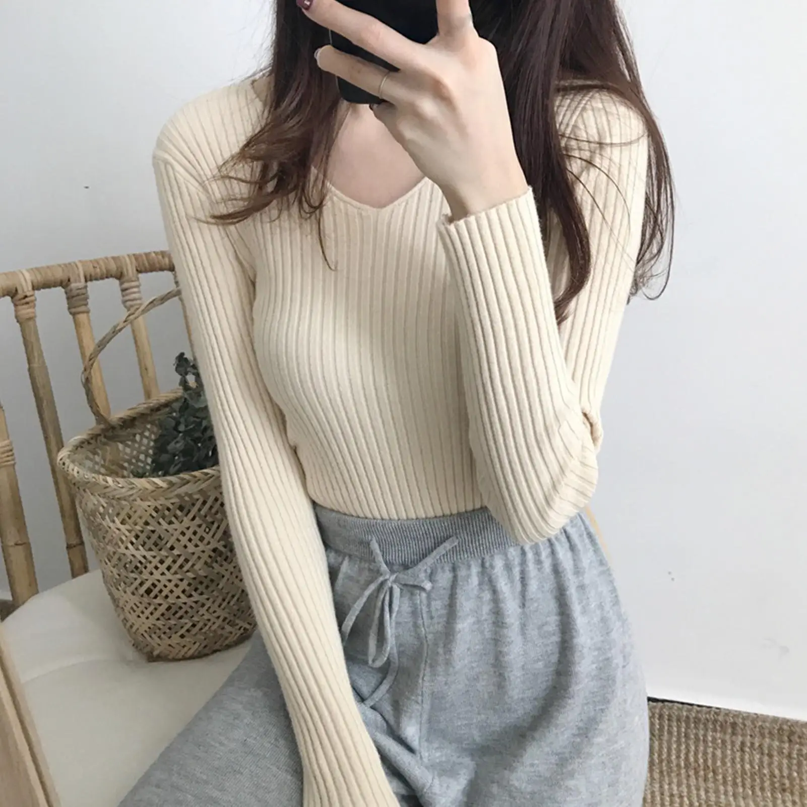 

Women's Tops Autumn Winter Simple Long Sleeve V Neck Ribbed Blouse Slim Knitted Pullover Casual Elastic Top Plus Size 7 Colors