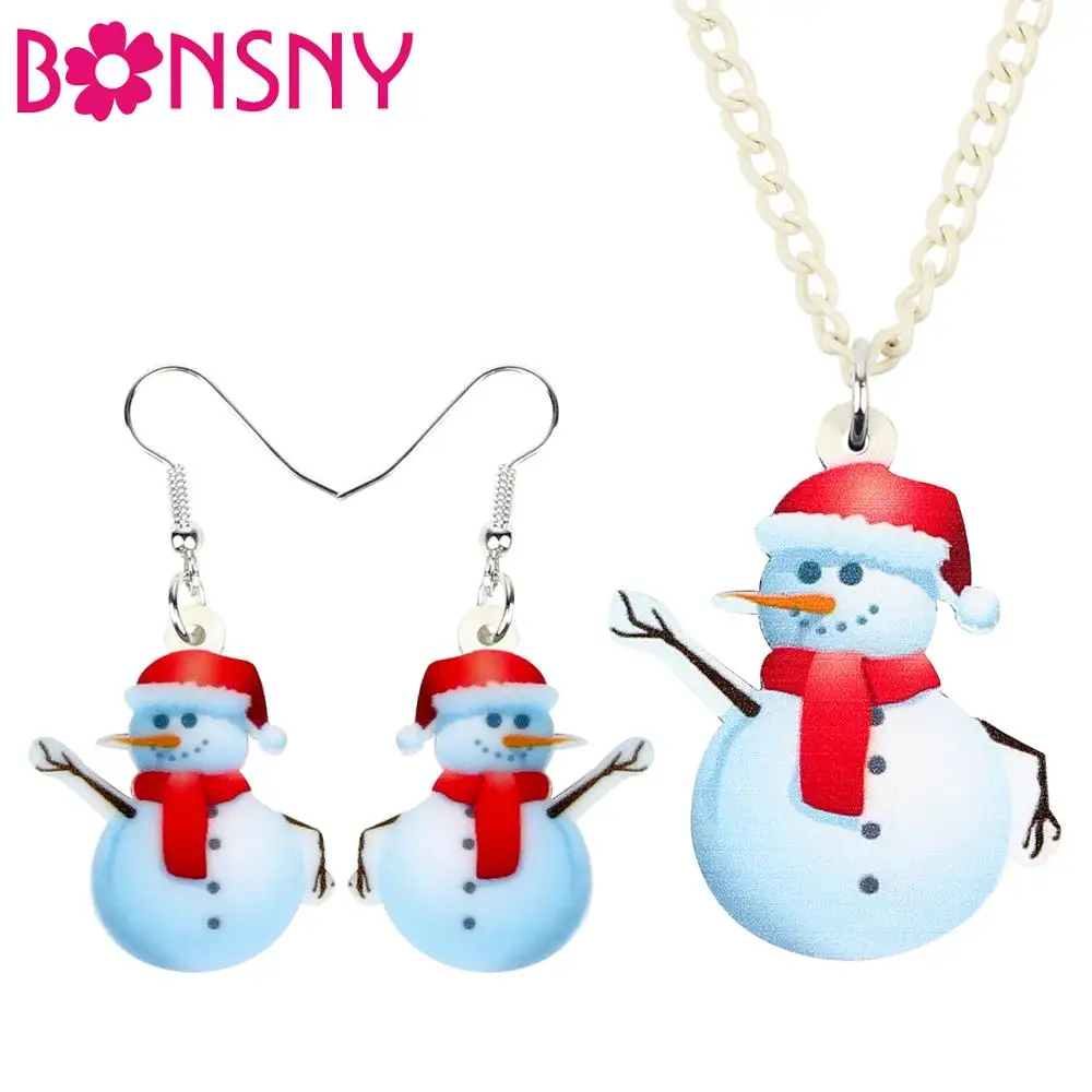 

Bonsny Acrylic Christmas Happy Scarf Snowman Jewelry Set Necklace Earrings Festival Jewelry For Women Girl Charm Gift 2019 Bulk