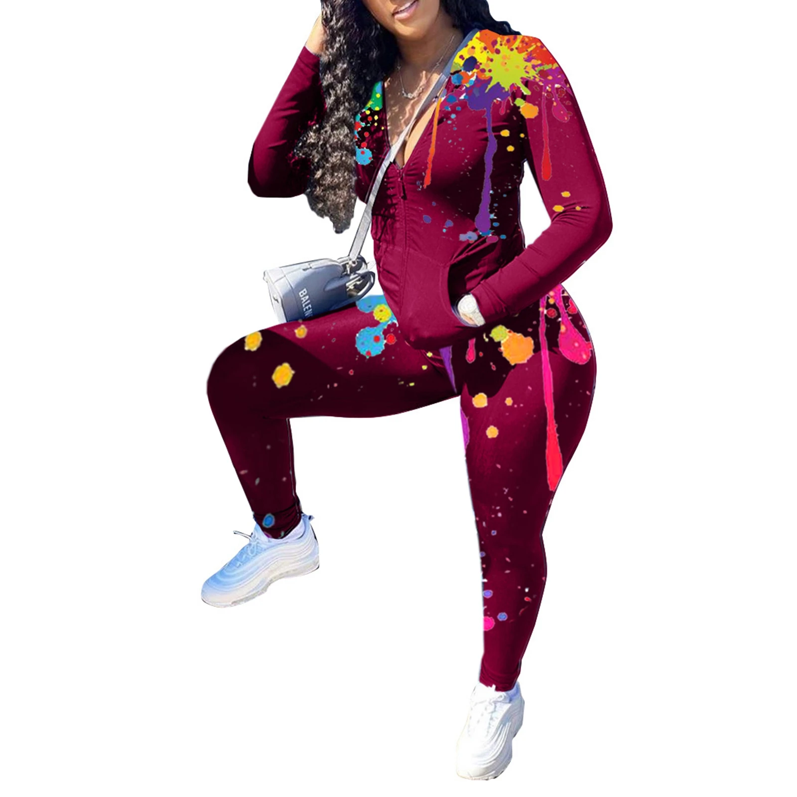 

Women 2PC suit sweatshirt Zipper print Tops/High-Waist long Pants V-Neck Long Sleeve Side Pockets Dye Printed Elastic Fall Suit