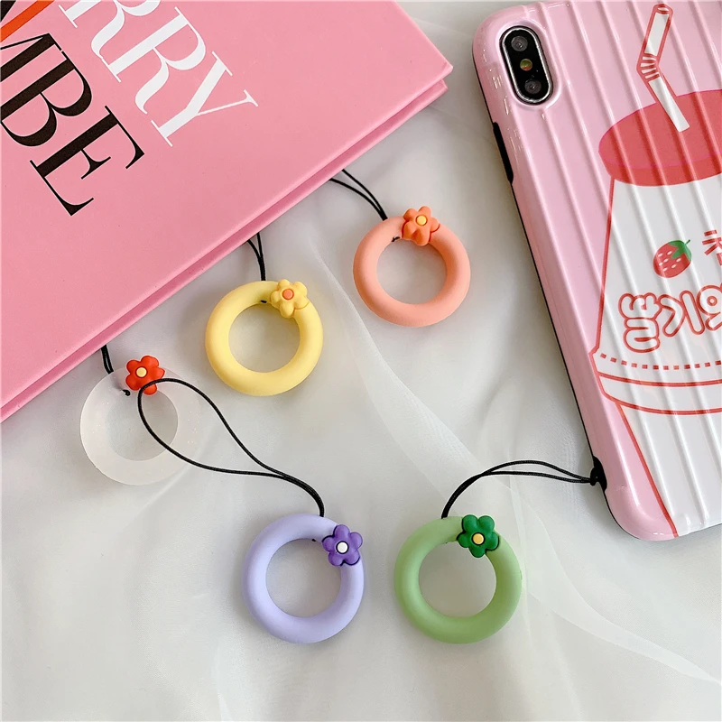 Mobile Phone Strap Cute Flowers Love Heart Silicone Keycord Lanyards Finger Ring Strap For iPhone Xiaomi Huawei Smart Phone Case