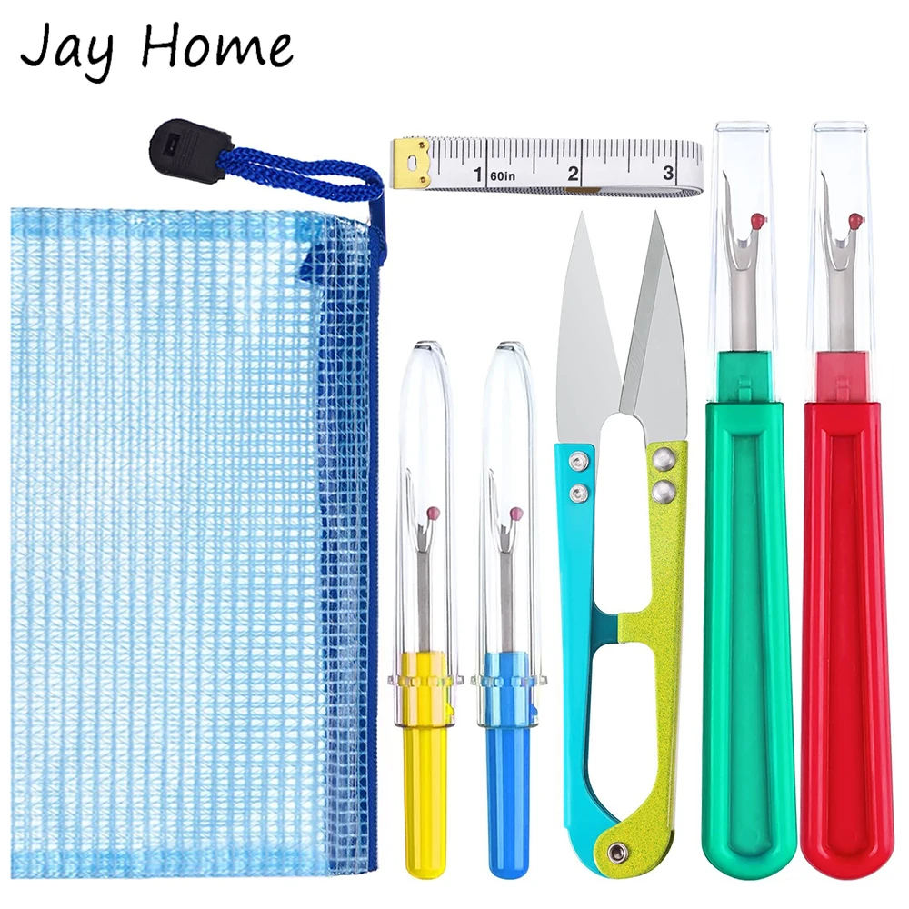 7Pcs Sewing Seam Ripper Kit Thread Seam Remover Thread Cutter Tools with U Scissor Soft Measure Tape Storage Bag Sewing Supplies