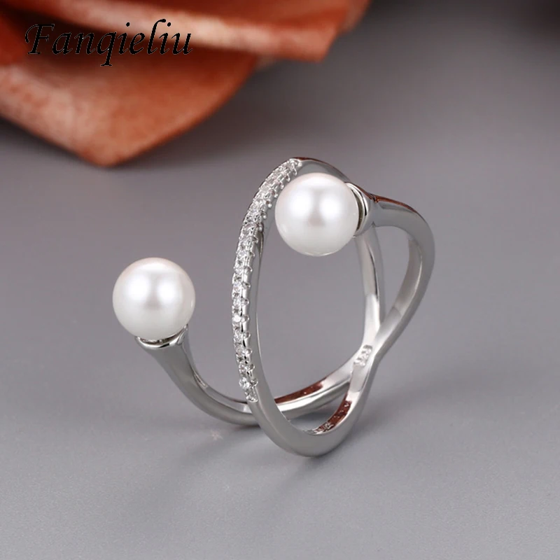 Fanqieliu Irregular Open Design Crystal Natural Pearl Jewelry Ring 925 Sterling Silver Wedding Bands For Women FQL21180