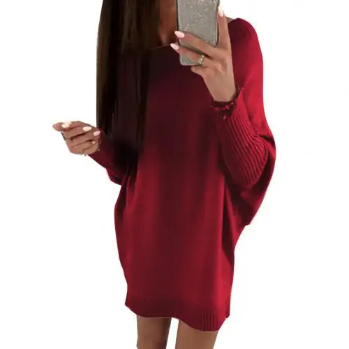 Wine Red Женское осенне-зимнее платье с длинным рукавом и вырезом лодочкой размера плюс, свободный свитер, мини-платье, свободная туника, мешковатые платья для женской одежды - Color: Wine Red