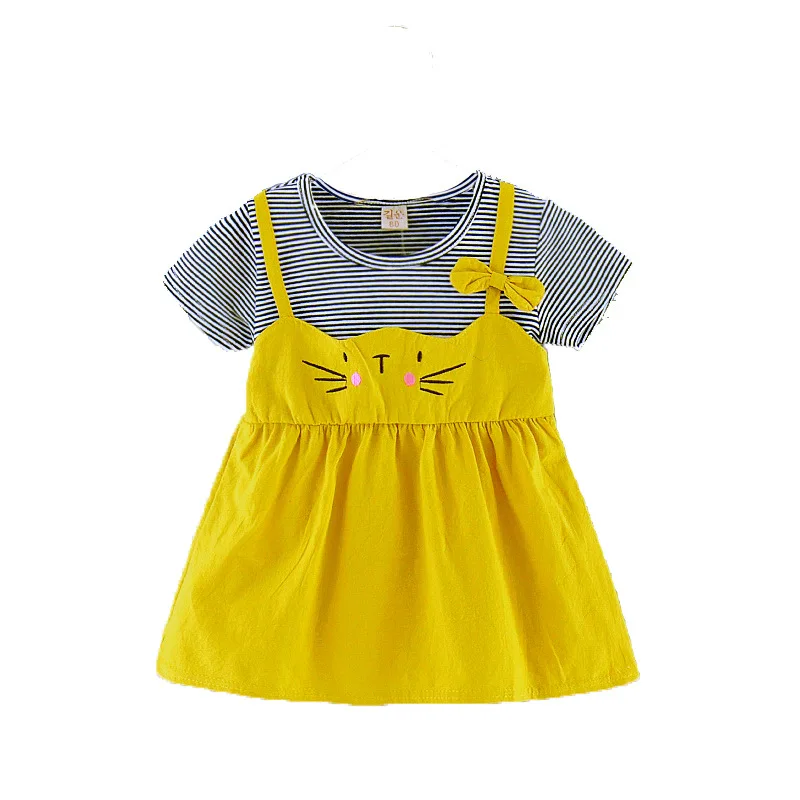 

False Two PCS Dress Clothes For Baby Girls Cute Cat Embroidery Patchwork Striped Shirt Dresses Summer Kids Girl Clothing A0105