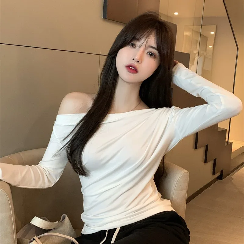 

Folds Solid Slash Neck Off Shoulder Top T Shirt for Women Aesthetic Clothes Korean Fashion Clothing Early Autumn New Arrival
