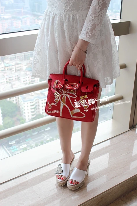 

Fashion golden high heels pink red Hand Draw print Graffiti H logo Custom Women totes cowhide handbags Gift Genuine leather Bags