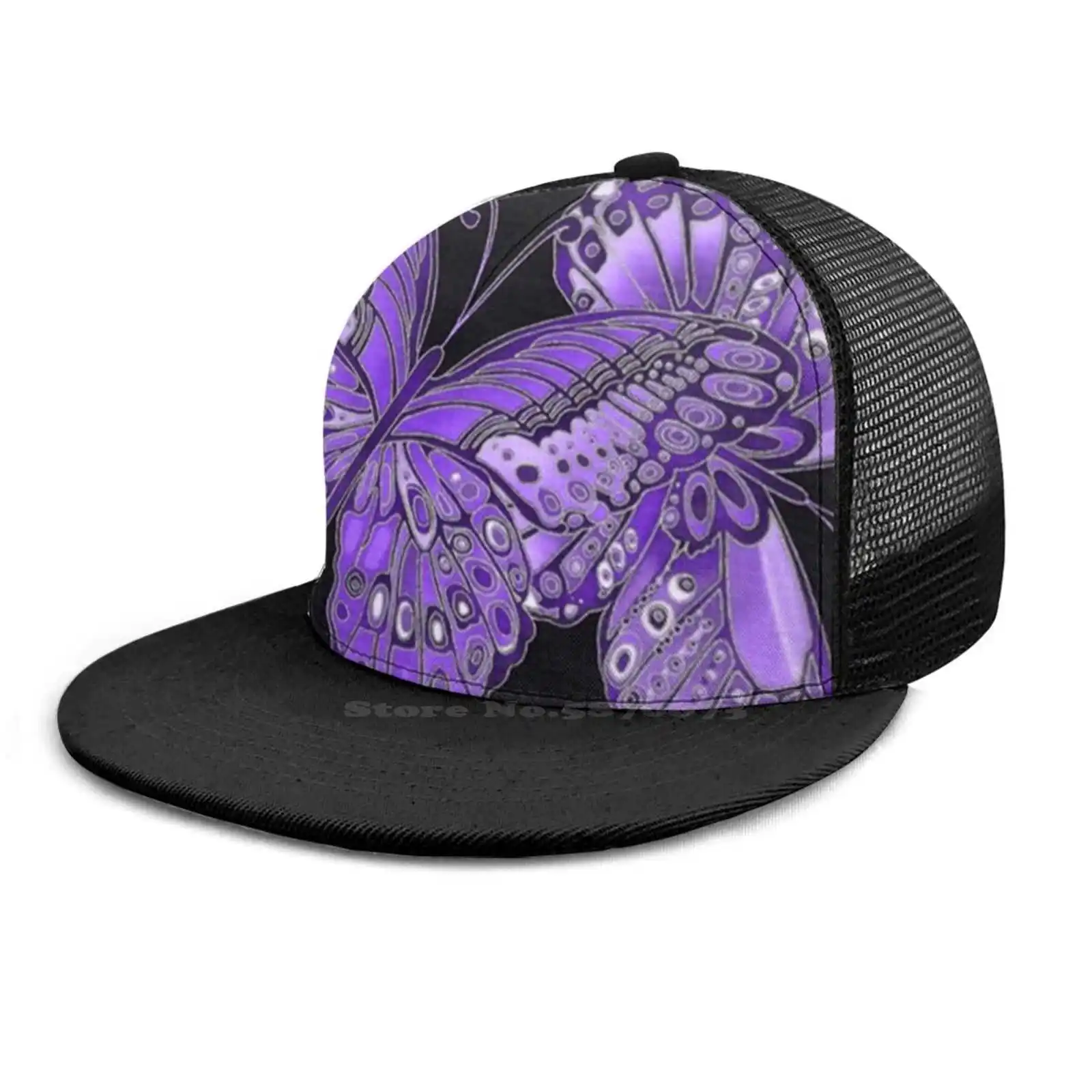 Модная шапка в стиле милитари с фиолетовыми и черными бабочками черная серая