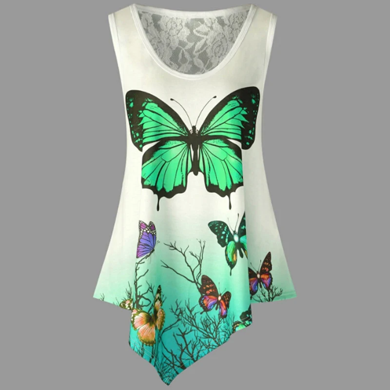 

Print Butterfly Blouse For Women Summer Sleeveless O-neck Back Lace Hollow Out Long Hem Female Blouse Plus Size