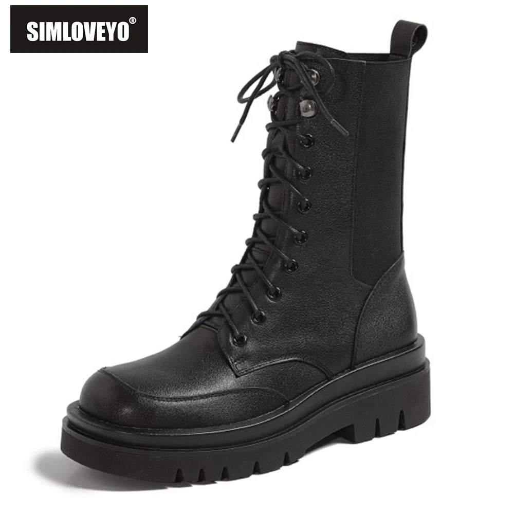 

SIMLOVEYO Women Luxury Mid Calf Boots Lace Up Platform Ladies Casual Slip On Real Leather Shoes Woman Female Footwear Non Slip