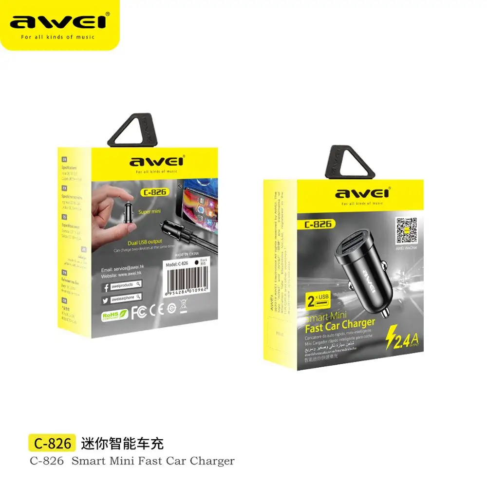 AWEI C 826 12 Вт 2.4A Мини Автомобильное зарядное устройство для телефона с двумя usb