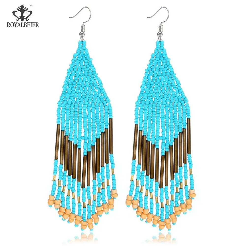 Bohemian earrings15 ROYALBEIER богемные длинные кисточки акриловые перо форма бисера Кулон Серьги Свадебная вечеринка очаровательные ювелирные изделия серьги - Окраска металла: Bohemian earrings15