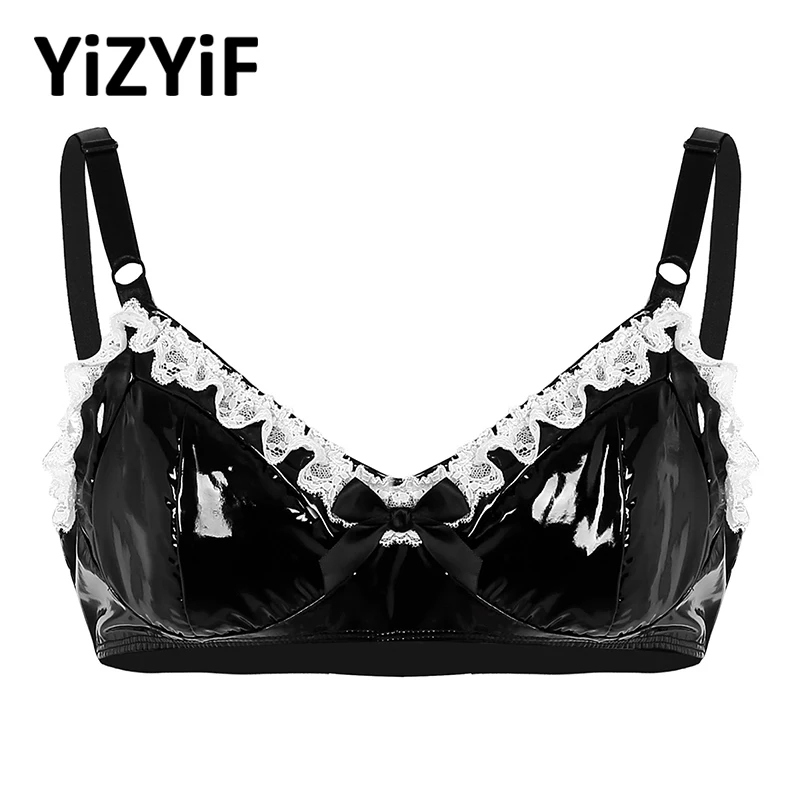 

Sissy Lingerie Mens Sexy Bra Top Wet Look Faux Leather Sexy Lace Bras Gay Men Underwear Wire-free Unlined Bralette Sexy Tops