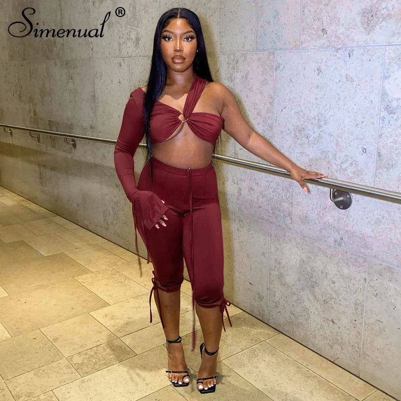 

Simenual Asymmetric Crop Top And Biker Shorts 2 Piece Set Tie Up Skinny Sporty Athleisure Burgundy Co-ord Outfits Fashion Autumn