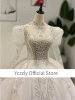 new arrival full beading sequined luxury wedding gowns vintage high neck lace puff sleeves bride dress with big bow yw438