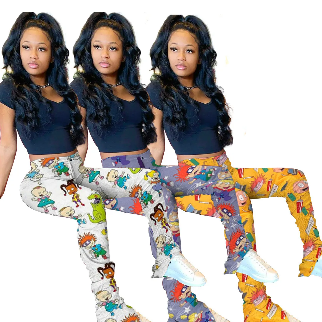 

2021 European and American Fashion Women's Autumn Trousers New Products Cartoon Print Folds Split Micro Horn Casual Sports Pants