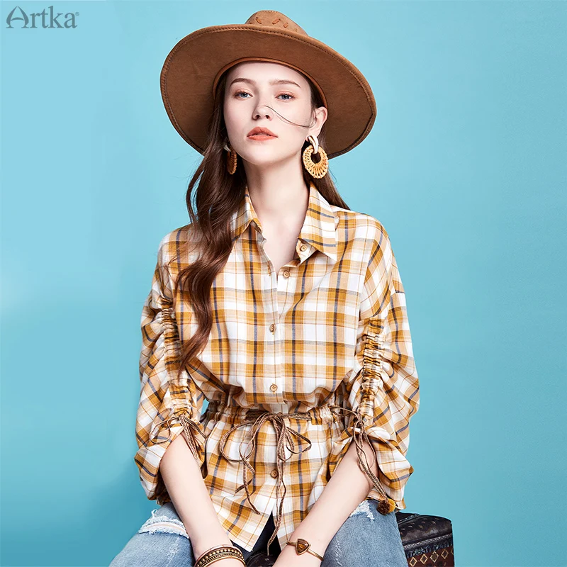 Женская винтажная клетчатая блузка ARTKA белая из 2020 хлопка с отложным воротником и