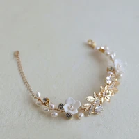 slbridal handmade zircon rhinestones freshwater pearls ceramic flower bridal bracelet wedding bracelet bridesmaids women jewelry