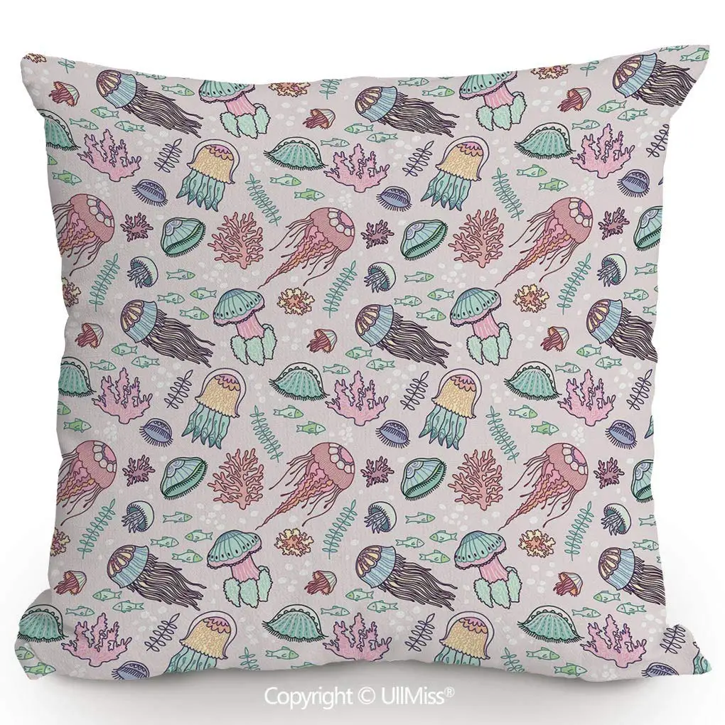 

Both Sides Same Pattern Printing x Throw Pillow Covers Under Ocean Life Illustration with Jellyfish Fish Coral Plants Water