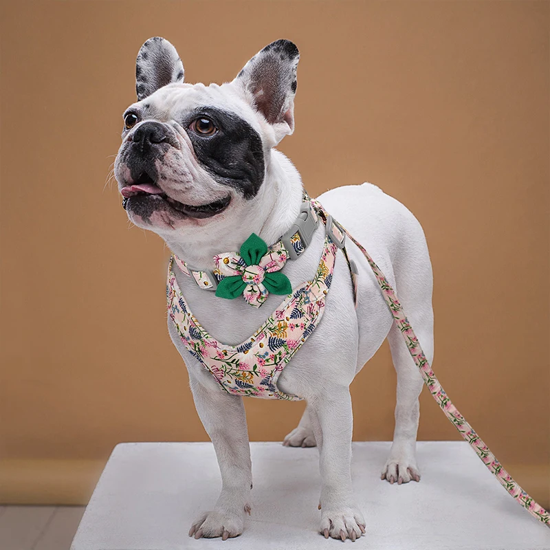 

French Bulldog Harness Leash And Collar Set Flower Printed No Pull Dog Harness Vest Leash Collar Set For Small Medium Large Dogs